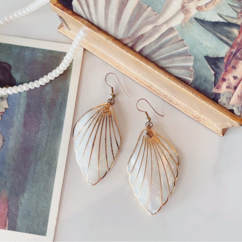 Vintage Mother of Pearl Shell Earrings with Gold Trim